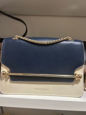 Strathberry Navy and Cream Leather Crossbody with Gold Hardware